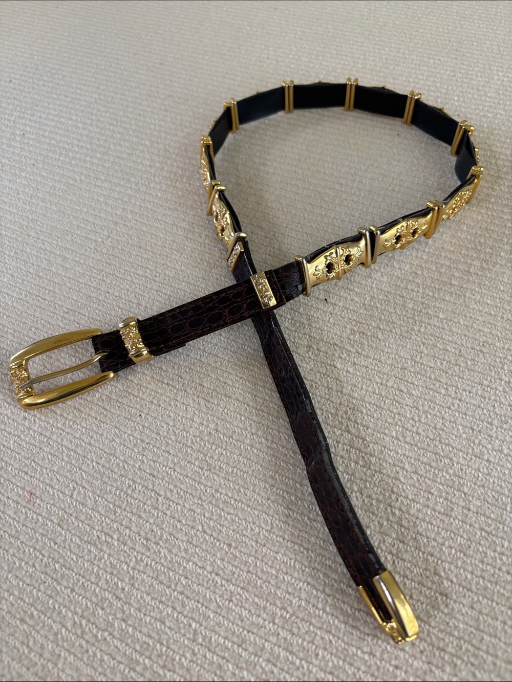 Gold-Plated Ornate Brown Leather Belt